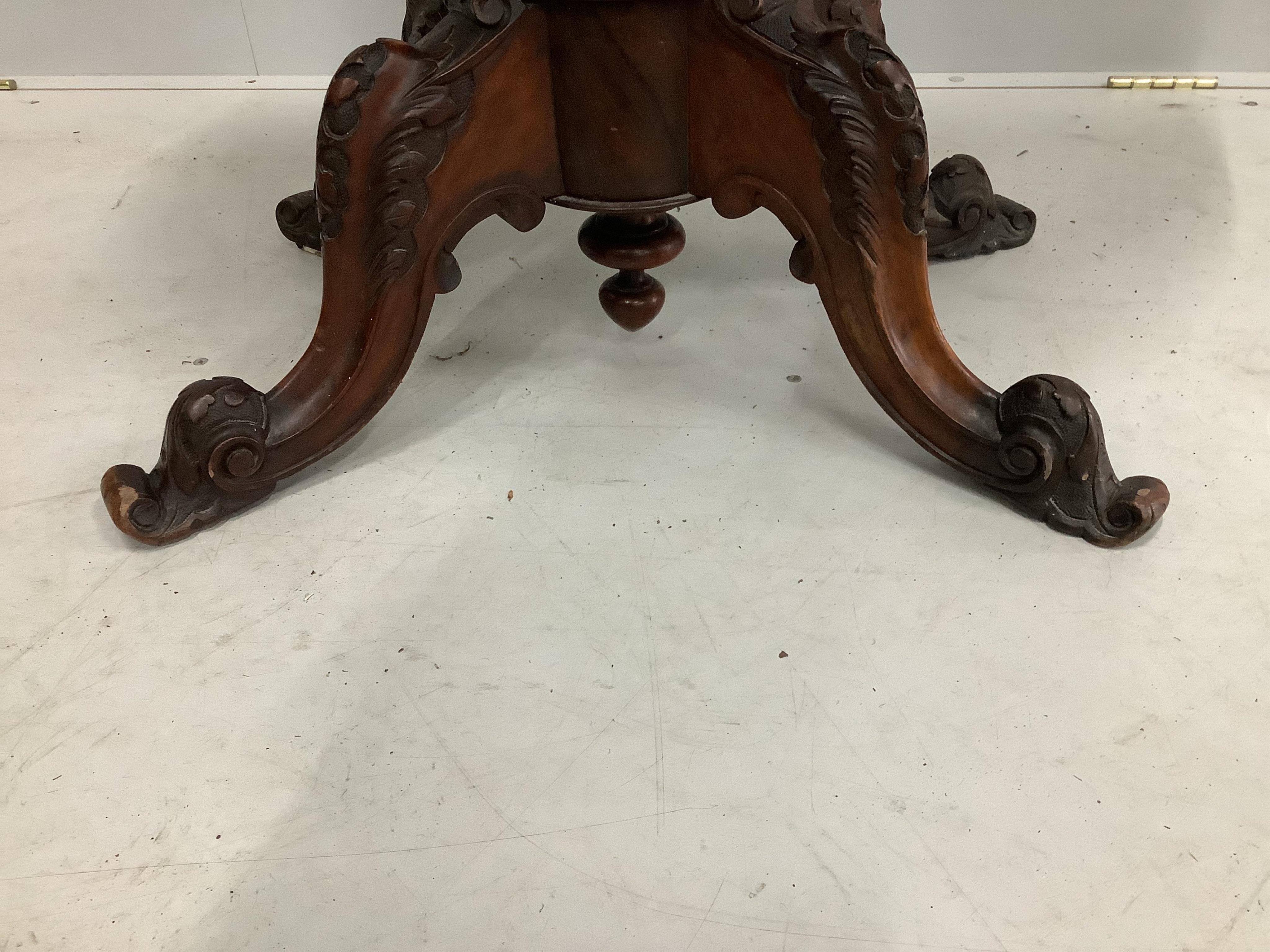 A Victorian figured walnut D shaped folding card table, width 90cm, depth 49cm, height 69cm